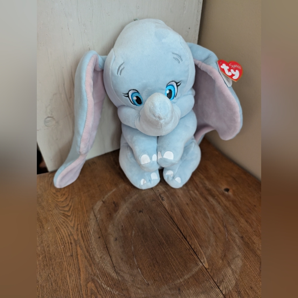 Ty Light Blue Elephant Plush with Pink Ears